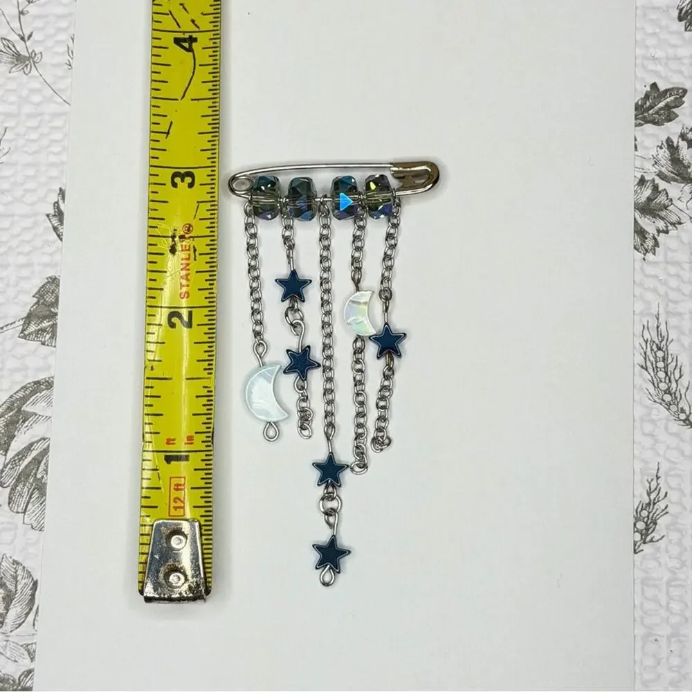 Moon and star brooch hematite and mother of pearl safety pin